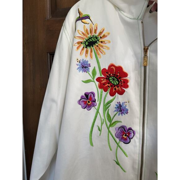 Bob Mackie | Wearable Art Embroidered Floral Hummingbird Full Zip Jacket- 1X - Picture 5 of 9